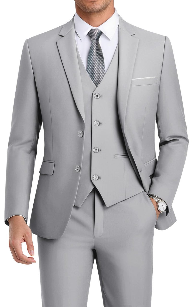 WEEN CHARM Suits for Men,3 Piece Slim Fit Suit Set with 2-Button Blazer,Vest,Pants,Tuxedo for Wedding,Prom,Party,Business Light Grey - Image 1